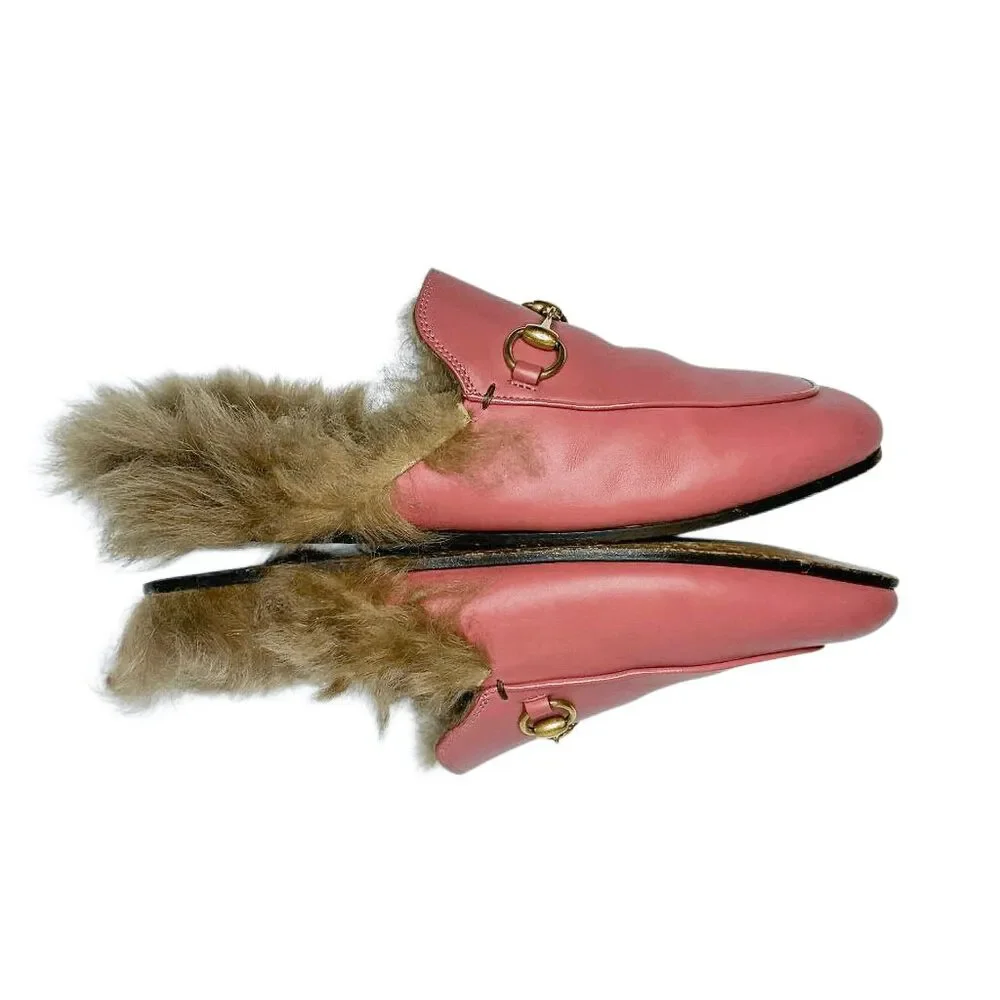 Gucci Princetown Horsebit Fur Mules EU 37 Lipstick Rose Leather Flat Slippers
